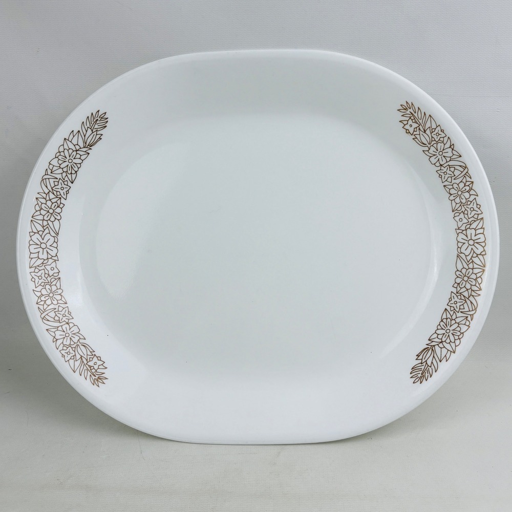 Corelle Woodland Brown 12"‎ Oval Serving Platter White Brown Floral Vintage